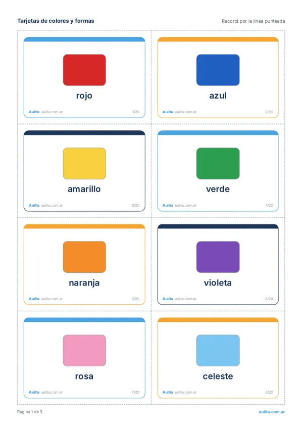 Primera hoja de tarjetas de colores y formas