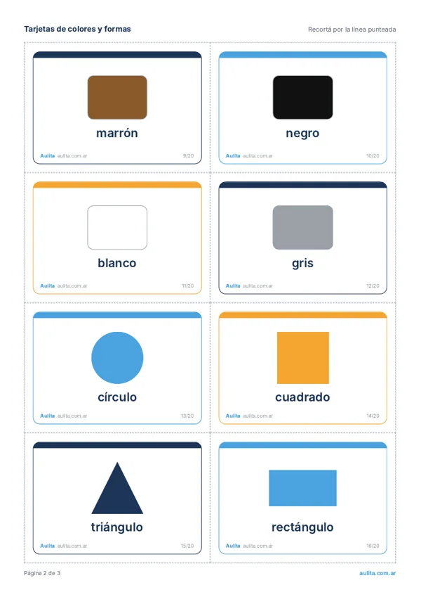 Segunda hoja de tarjetas de colores y formas