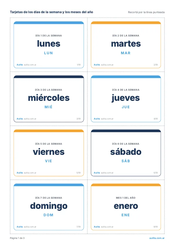 Primera hoja de tarjetas de días y meses