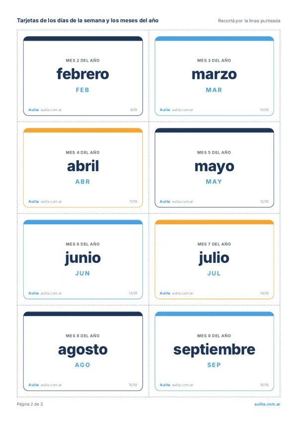 Segunda hoja de tarjetas de días y meses
