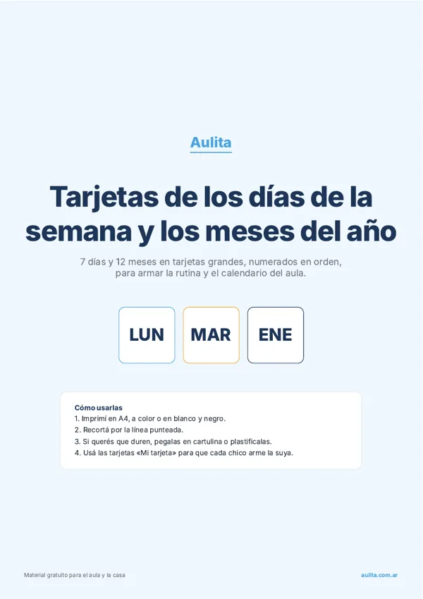 Portada de las tarjetas de los días de la semana y los meses