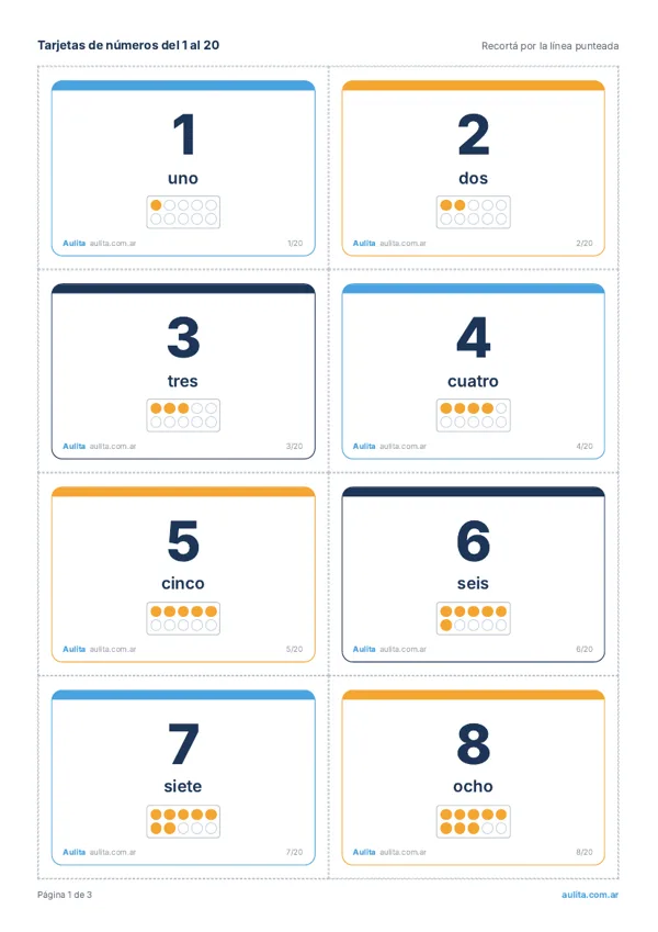 Primera hoja de tarjetas de números del 1 al 20