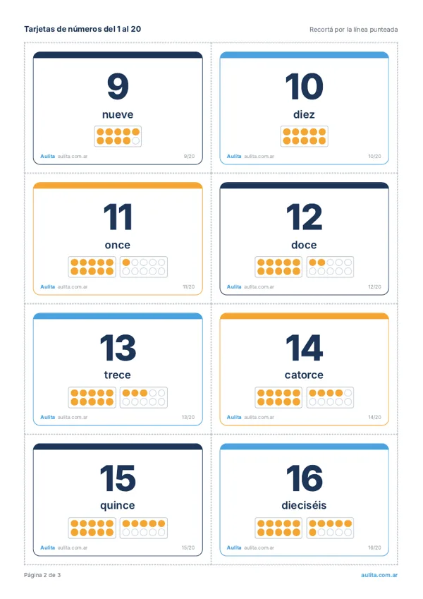 Segunda hoja de tarjetas de números del 1 al 20