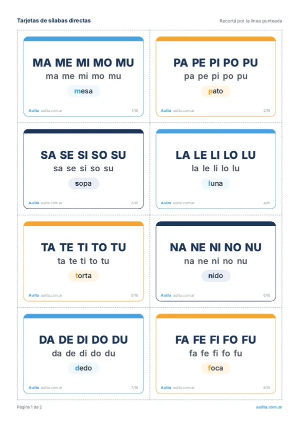 Primera hoja de tarjetas de sílabas directas
