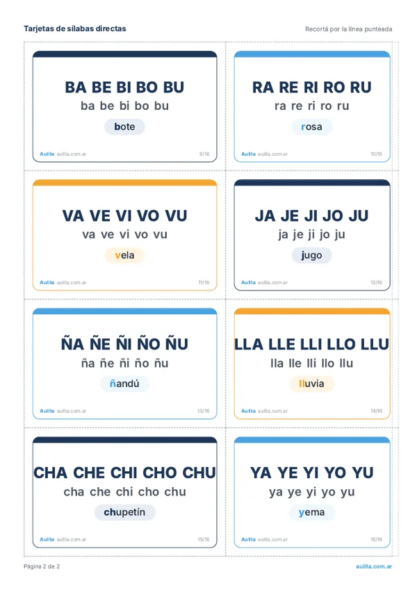 Segunda hoja de tarjetas de sílabas directas