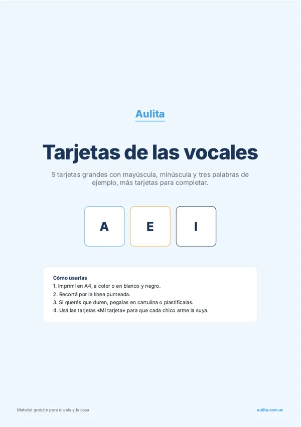 Portada de las tarjetas de las vocales para imprimir